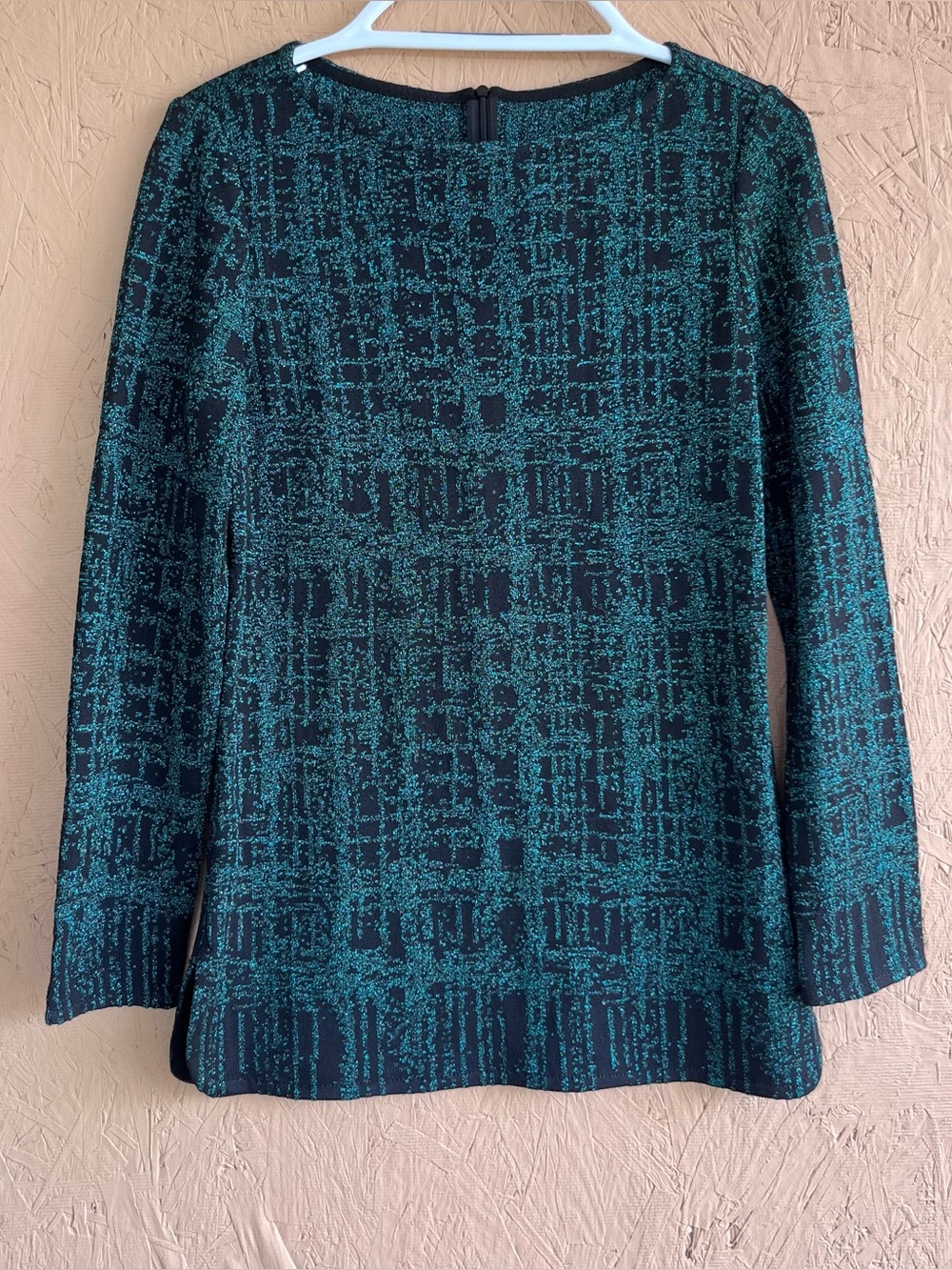 St. John Teal and Black Patterned Crewneck Knit Sweater